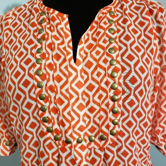 41 Hawthorn Stitch Fix Semi Sheer Geo Orange Ivory Swifty Studded Blouse Sz M - Picture 7 of 8